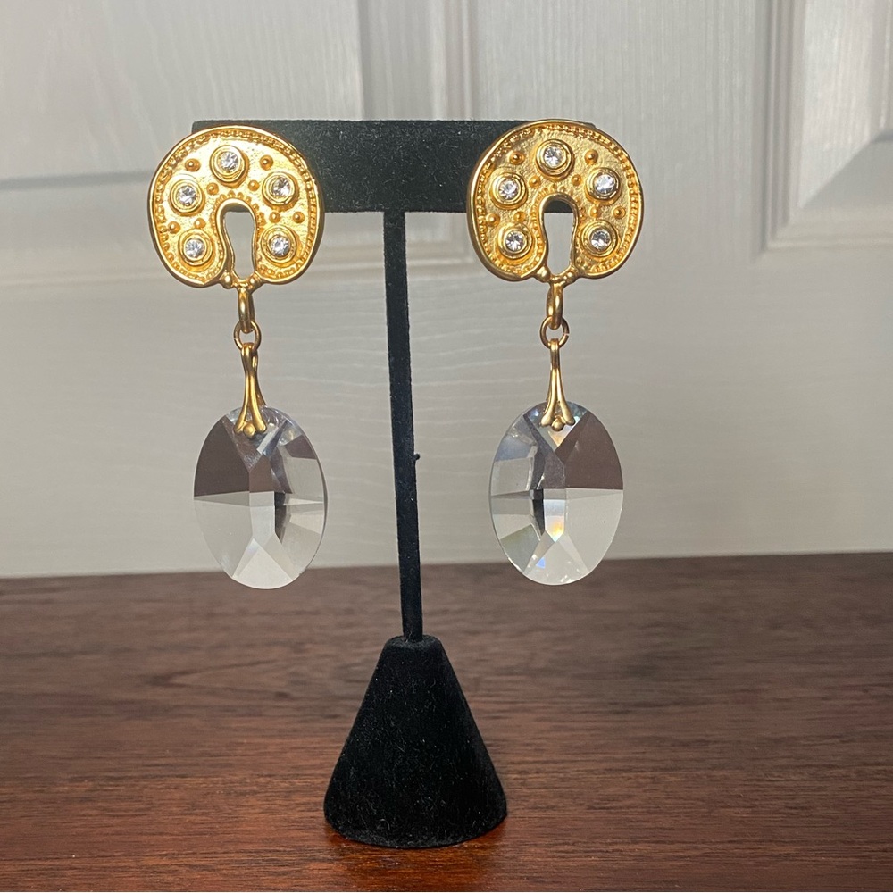 Gold Tone Drop Earrings | Faceted Clear Dangles Statement